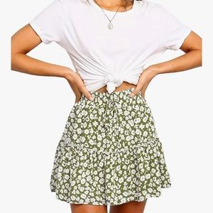 Relipop Floral Flared Skirt Polka Dot Pleated Mini Skirt with Drawstring